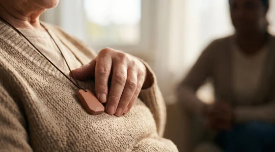 Dispositif de téléassistance moderne pour personnes âgées avec opératrice à l'écoute en arrière-plan