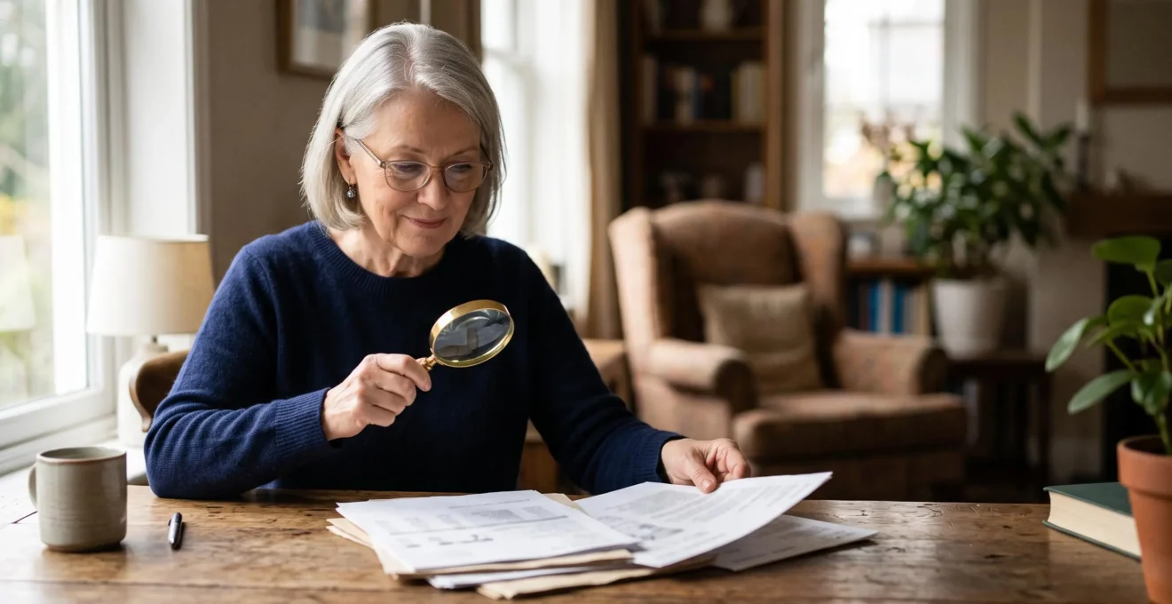 Personne âgée de 70 ans consultant sereinement des documents flous à l'aide d'une loupe, symbolisant la recherche du meilleur remboursement santé