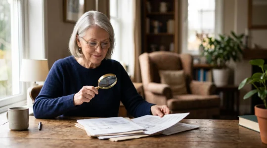Personne âgée de 70 ans consultant sereinement des documents flous à l'aide d'une loupe, symbolisant la recherche du meilleur remboursement santé