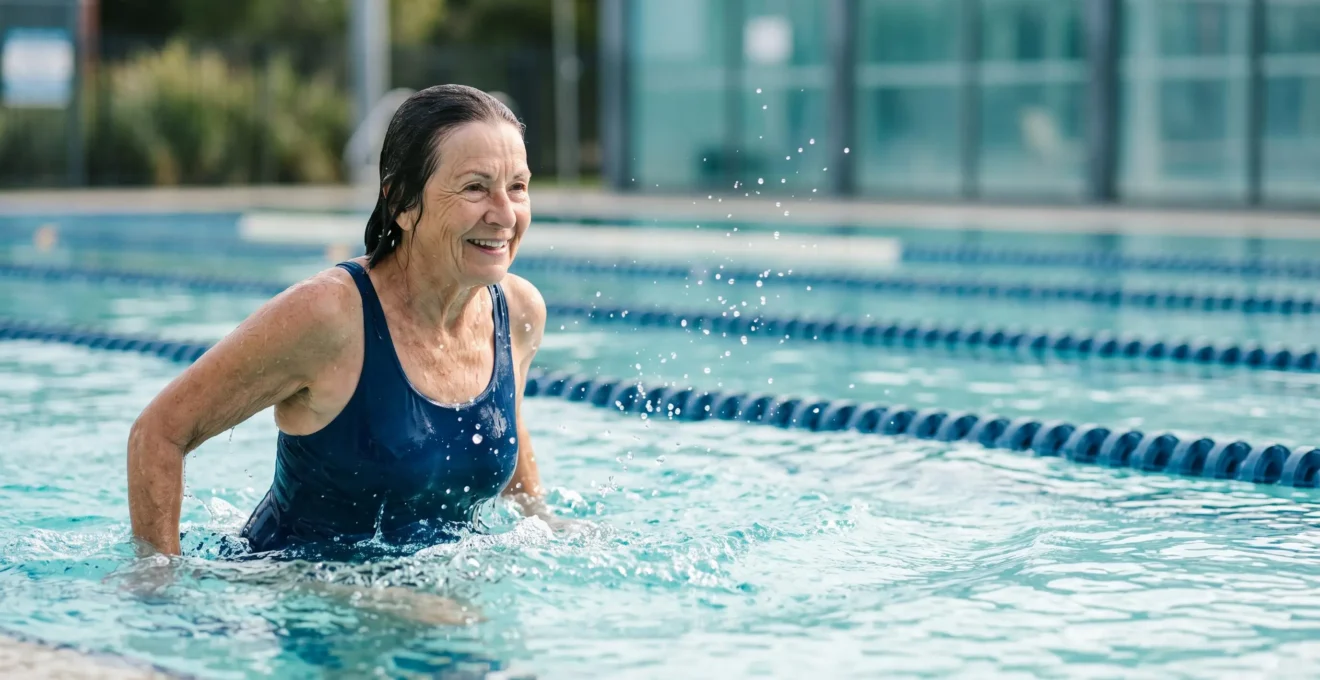 Senior de plus de 70 ans nageant sereinement en piscine extérieure, symbole de vitalité et d'autonomie retrouvée