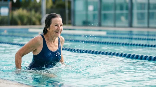Senior de plus de 70 ans nageant sereinement en piscine extérieure, symbole de vitalité et d'autonomie retrouvée