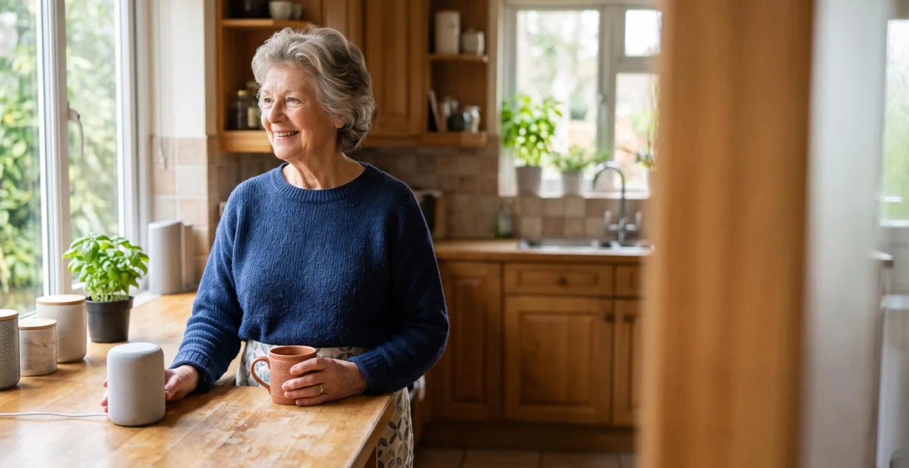 Personne âgée souriante dans sa cuisine lumineuse, entourée d'objets du quotidien évoquant une maison connectée et sécurisée
