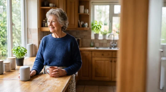 Personne âgée souriante dans sa cuisine lumineuse, entourée d'objets du quotidien évoquant une maison connectée et sécurisée