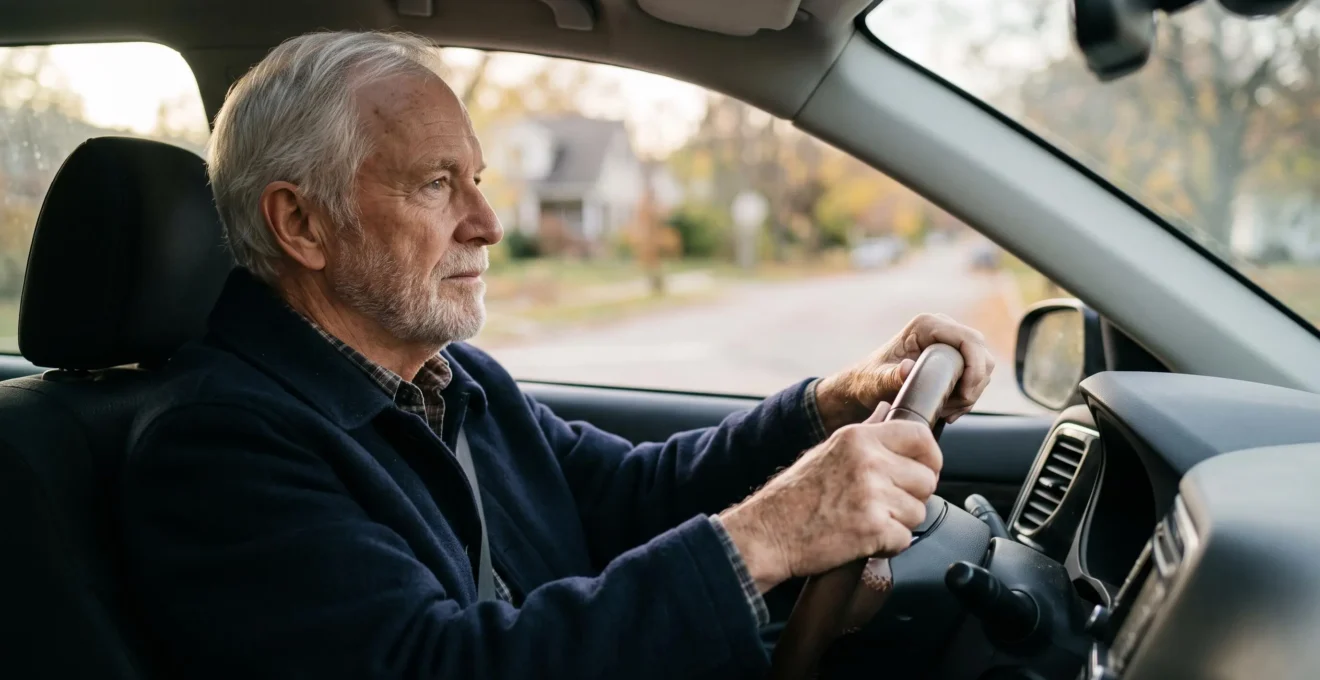 Portrait d'un conducteur senior concentré, mains sur le volant, réfléchissant à sa sécurité au volant