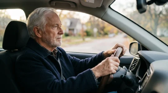 Portrait d'un conducteur senior concentré, mains sur le volant, réfléchissant à sa sécurité au volant