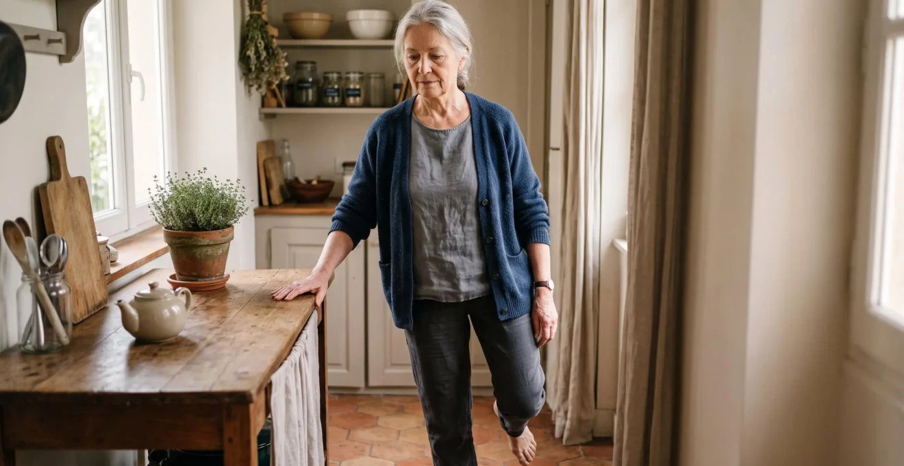 Personne âgée pratiquant un exercice d'équilibre simple dans sa cuisine pour regagner de l'autonomie