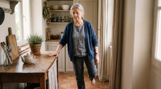 Personne âgée pratiquant un exercice d'équilibre simple dans sa cuisine pour regagner de l'autonomie