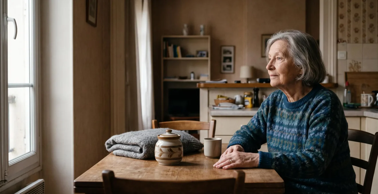 Personne âgée assise à sa table, entourée de lumière douce, réfléchissant sereinement à ses finances de retraite
