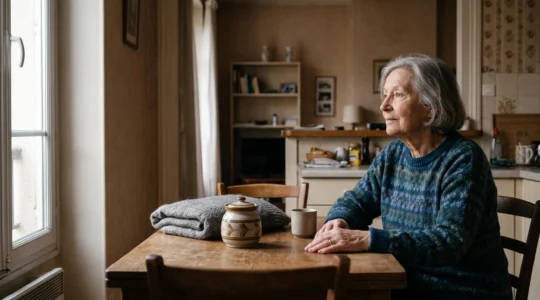 Personne âgée assise à sa table, entourée de lumière douce, réfléchissant sereinement à ses finances de retraite