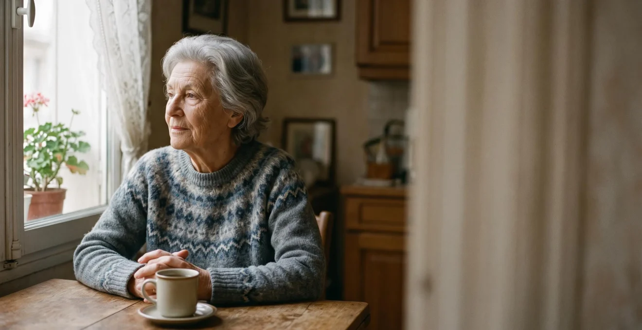 Personne âgée française assise à sa table de cuisine, consultant sereinement ses documents financiers dans une lumière douce, symbole de solidarité et d'accompagnement social
