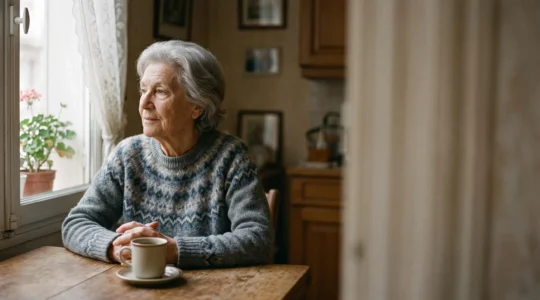 Personne âgée française assise à sa table de cuisine, consultant sereinement ses documents financiers dans une lumière douce, symbole de solidarité et d'accompagnement social