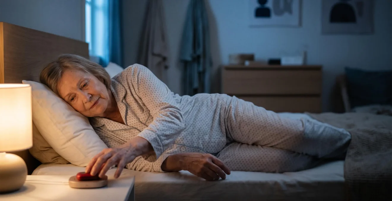 Une personne âgée allongée dans une chambre en pénombre, la main tendue vers un dispositif d'alerte, symbolisant l'urgence silencieuse