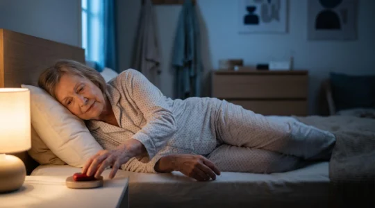 Une personne âgée allongée dans une chambre en pénombre, la main tendue vers un dispositif d'alerte, symbolisant l'urgence silencieuse