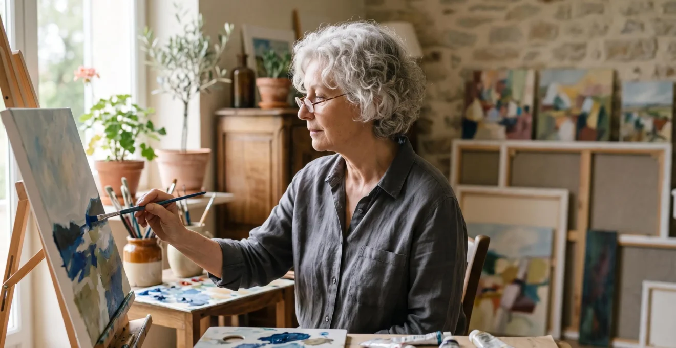 Personne âgée absorbée dans la peinture d'une toile, dans un atelier baigné de lumière naturelle, symbolisant l'apaisement par la création artistique