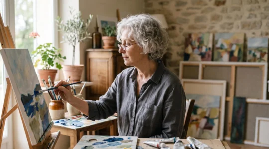 Personne âgée absorbée dans la peinture d'une toile, dans un atelier baigné de lumière naturelle, symbolisant l'apaisement par la création artistique