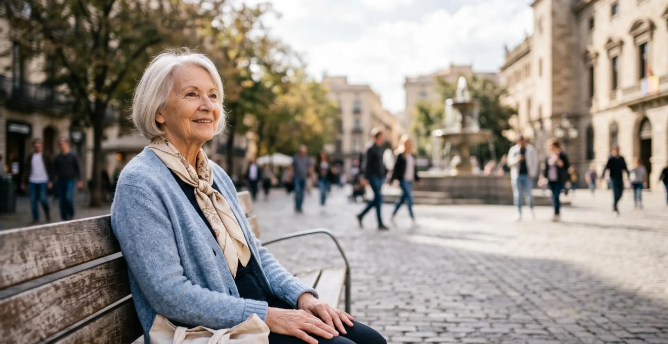 Femme senior souriante assise sur un banc dans un parc urbain, observant avec curiosité son nouveau quartier