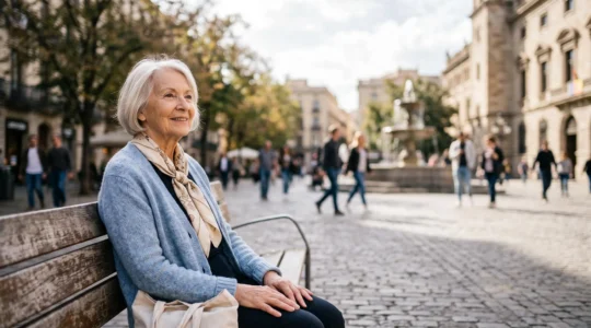 Femme senior souriante assise sur un banc dans un parc urbain, observant avec curiosité son nouveau quartier