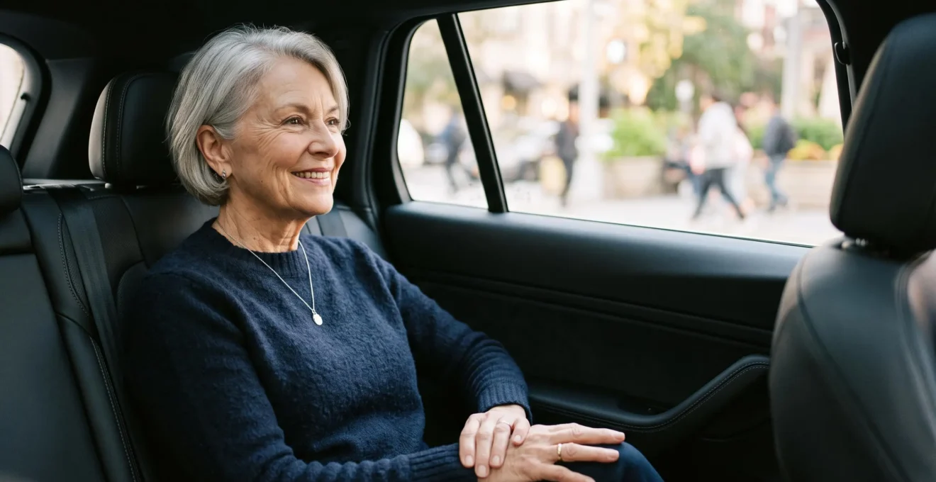 Personne âgée souriante assise confortablement à l'arrière d'un véhicule autonome, symbolisant une mobilité retrouvée