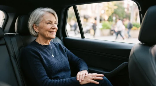 Personne âgée souriante assise confortablement à l'arrière d'un véhicule autonome, symbolisant une mobilité retrouvée
