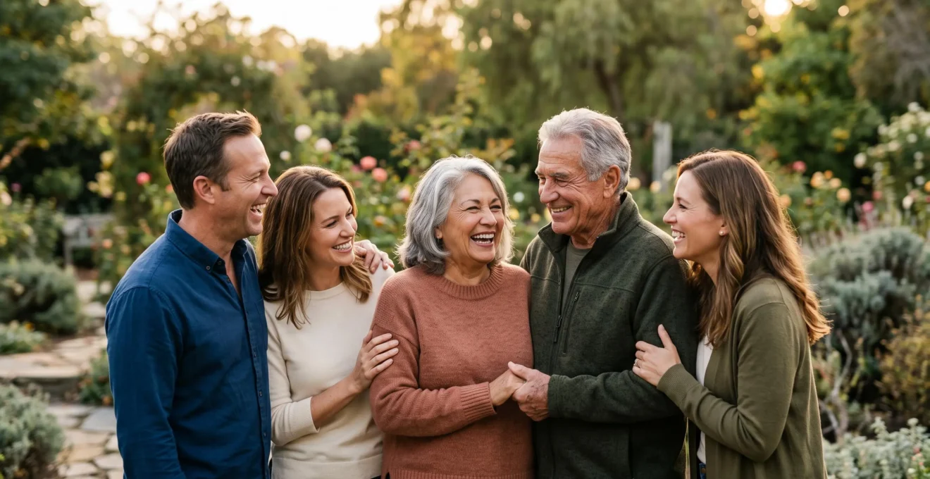Photographie éditoriale d'un couple de seniors souriants entourés de leurs trois enfants adultes lors d'un moment de complicité en extérieur