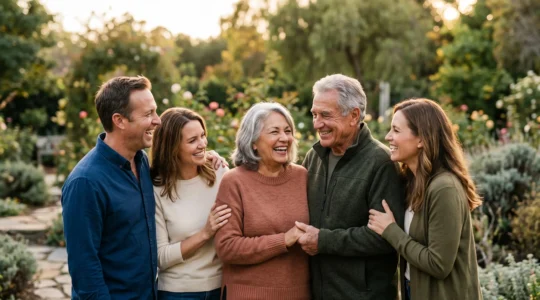 Photographie éditoriale d'un couple de seniors souriants entourés de leurs trois enfants adultes lors d'un moment de complicité en extérieur