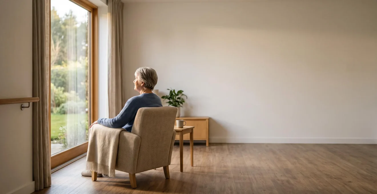 Personne âgée souriante dans un salon lumineux et adapté, symbole d'un maintien à domicile réussi jusqu'à 90 ans