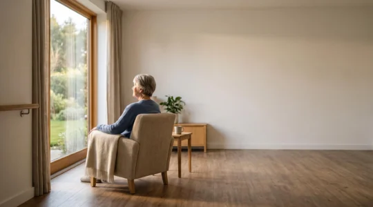 Personne âgée souriante dans un salon lumineux et adapté, symbole d'un maintien à domicile réussi jusqu'à 90 ans