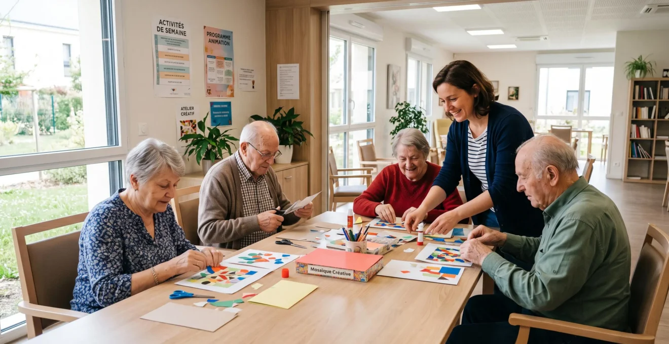 Quatre personnes âgées participent à une activité collective animée autour d'une table dans une salle lumineuse d'accueil de jour en EHPAD
