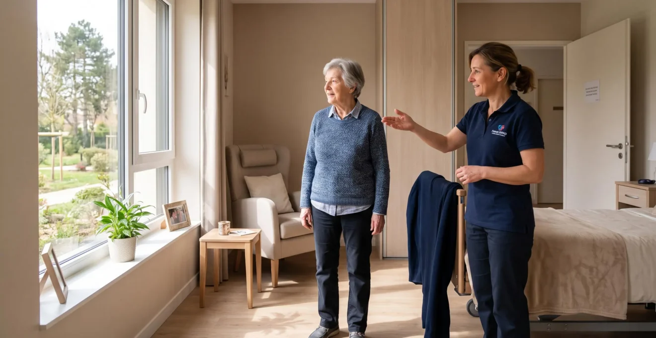 Une résidente senior découvre une chambre lumineuse d'EHPAD accompagnée d'une professionnelle qui lui présente l'espace d'un geste accueillant