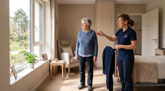 Une résidente senior découvre une chambre lumineuse d'EHPAD accompagnée d'une professionnelle qui lui présente l'espace d'un geste accueillant